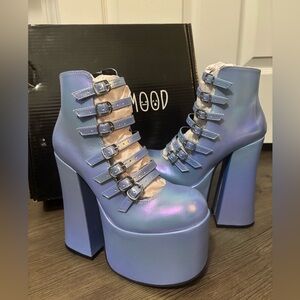 NIB Dolls Kill / Current Mood Blue Holo Hardcore Dazzle Platform Booties